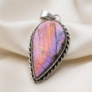Purple Labradorite Pendant Sterling Silver Teardrop Flash Cabochon 2"
